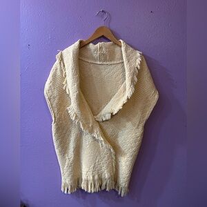 Vintage Cream Blanket Vest with Fringe and Heart Pattern